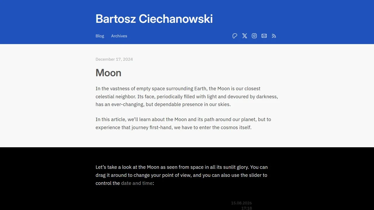 Echter Screenshot der öffentlich erreichbaren Startseite von Bartosz Ciechanowski, aufgenommen am 15.08.2026.