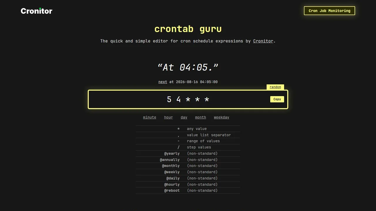 Echter Screenshot der öffentlich erreichbaren Startseite von Crontab Guru, aufgenommen am 15.08.2026.