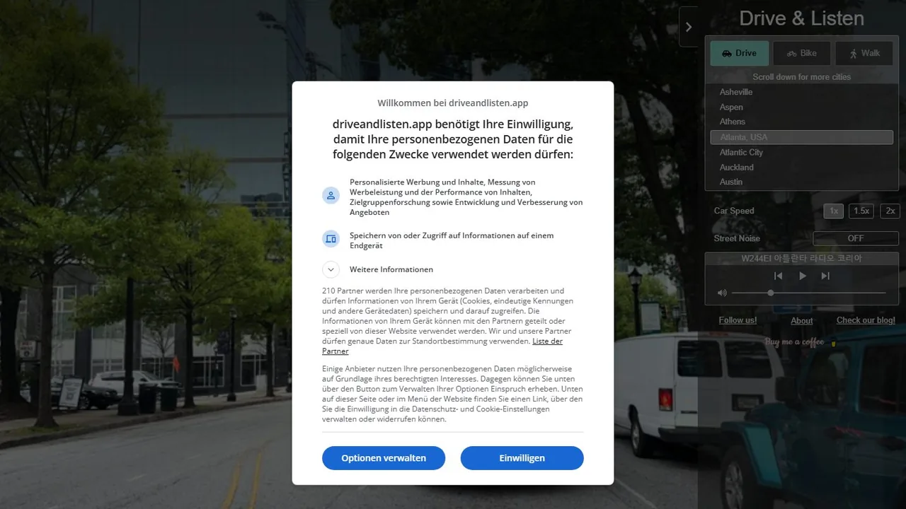 Echter Screenshot der öffentlich erreichbaren Startseite von Drive & Listen, aufgenommen am 15.08.2026.