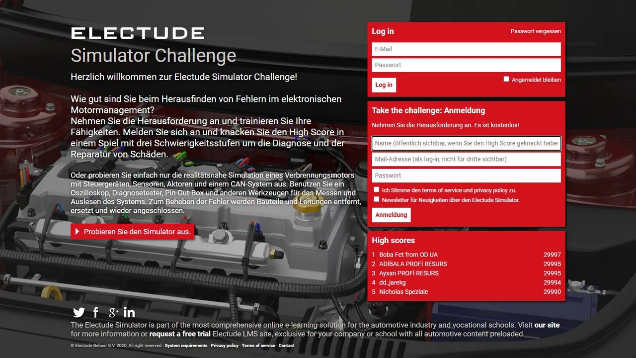 Echter Screenshot der öffentlich erreichbaren Startseite von Electude Simulator, aufgenommen am 15.08.2026.