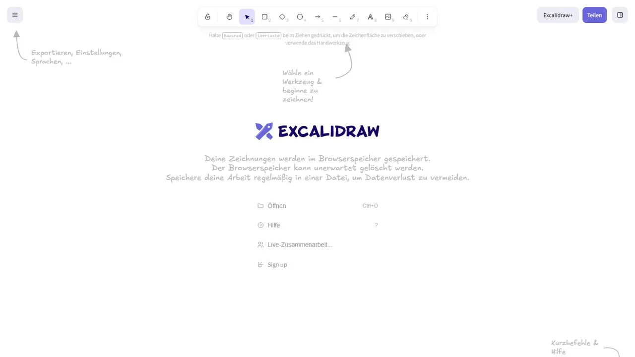 Echter Screenshot der öffentlich erreichbaren Startseite von Excalidraw, aufgenommen am 15.08.2026.