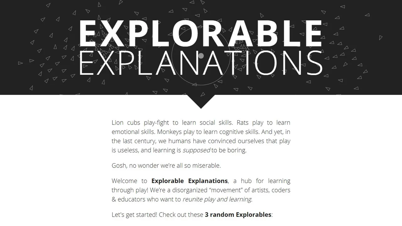 Echter Screenshot der öffentlich erreichbaren Startseite von Explorable Explanations, aufgenommen am 15.08.2026.
