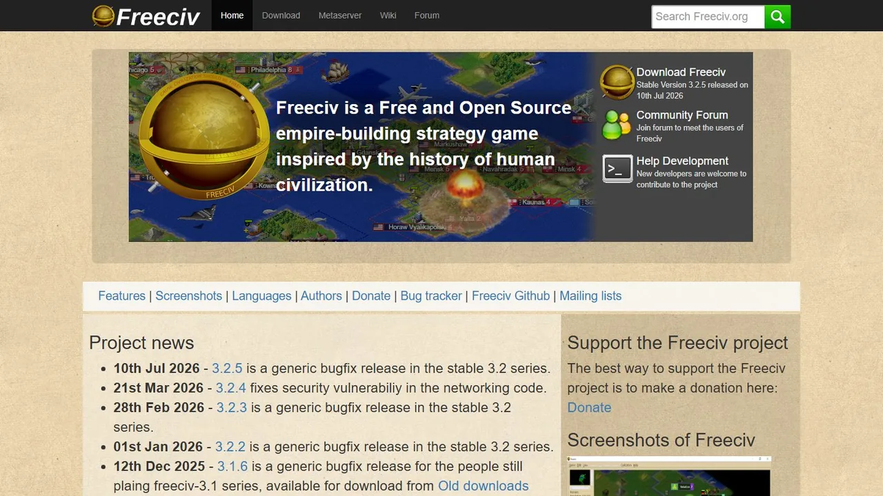 Echter Screenshot der öffentlich erreichbaren Startseite von Freeciv, aufgenommen am 15.08.2026.