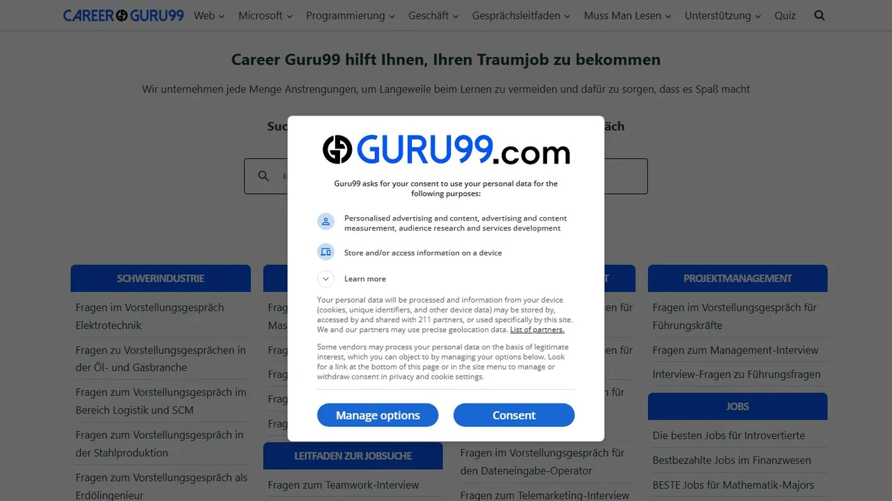 Echter Screenshot der öffentlich erreichbaren Startseite von Guru99 Career, aufgenommen am 15.08.2026.