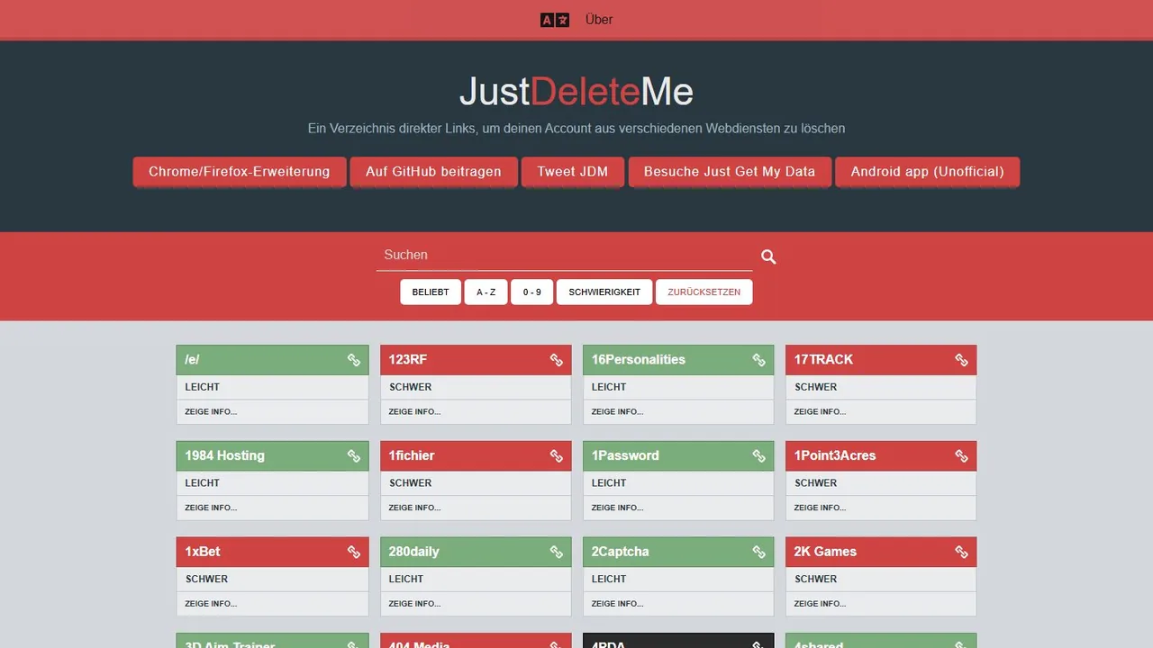 Echter Screenshot der öffentlich erreichbaren Startseite von Just Delete Me, aufgenommen am 15.08.2026.