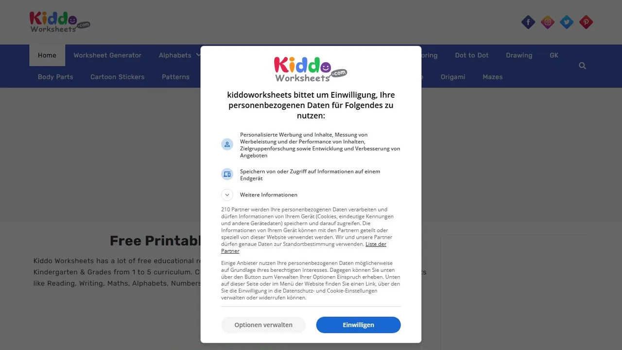 Echter Screenshot der öffentlich erreichbaren Startseite von Kiddo Worksheets, aufgenommen am 15.08.2026.