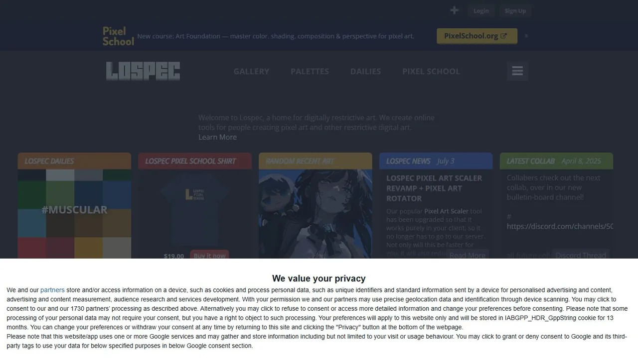 Echter Screenshot der öffentlich erreichbaren Startseite von Lospec, aufgenommen am 15.08.2026.