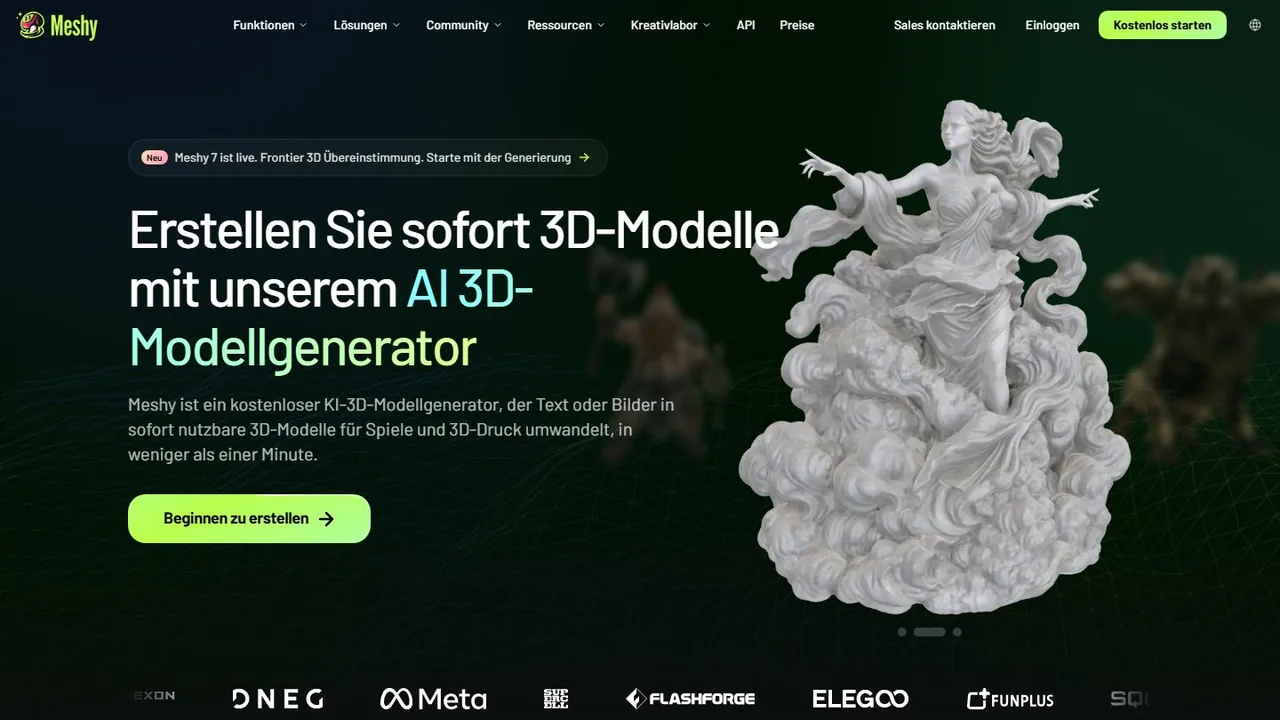 Echter Screenshot der öffentlich erreichbaren Startseite von Meshy, aufgenommen am 15.08.2026.