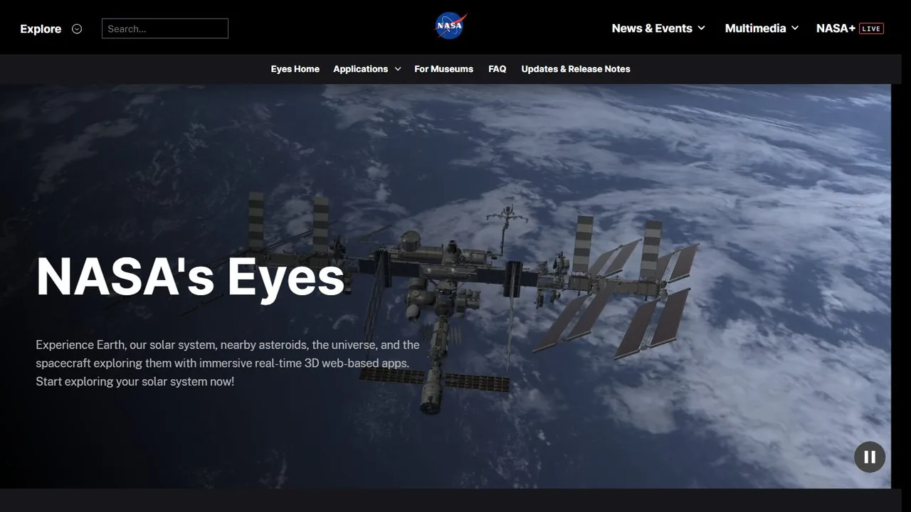 Echter Screenshot der öffentlich erreichbaren Startseite von NASA Eyes, aufgenommen am 15.08.2026.