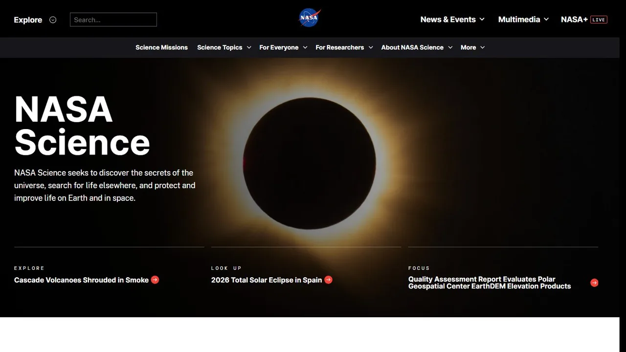 Echter Screenshot der öffentlich erreichbaren Startseite von NASA Science, aufgenommen am 15.08.2026.