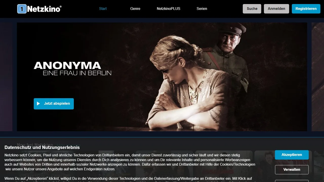 Echter Screenshot der öffentlich erreichbaren Startseite von Netzkino, aufgenommen am 15.08.2026.