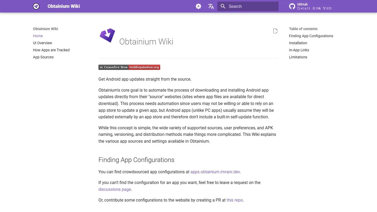 Echter Screenshot der öffentlich erreichbaren Startseite von Obtainium, aufgenommen am 16.08.2026.