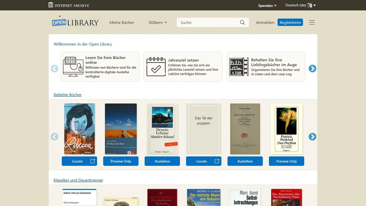 Echter Screenshot der öffentlich erreichbaren Startseite von Open Library, aufgenommen am 15.08.2026.