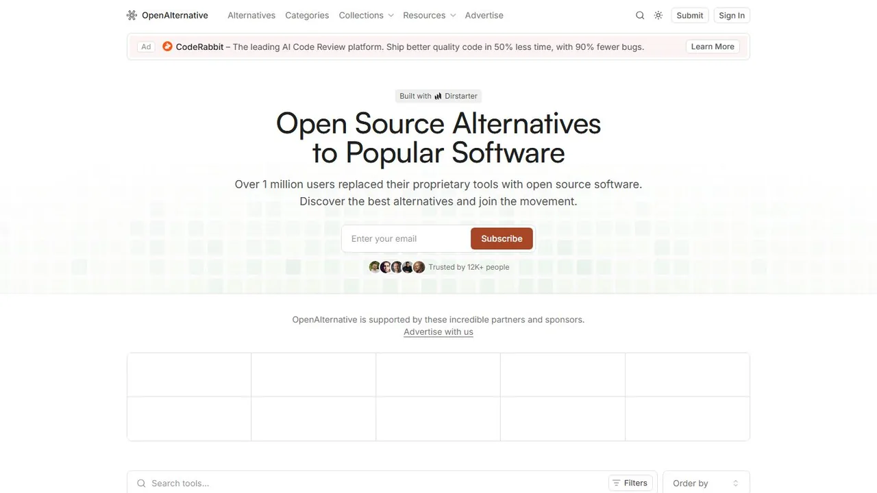 Echter Screenshot der öffentlich erreichbaren Startseite von OpenAlternative, aufgenommen am 15.08.2026.