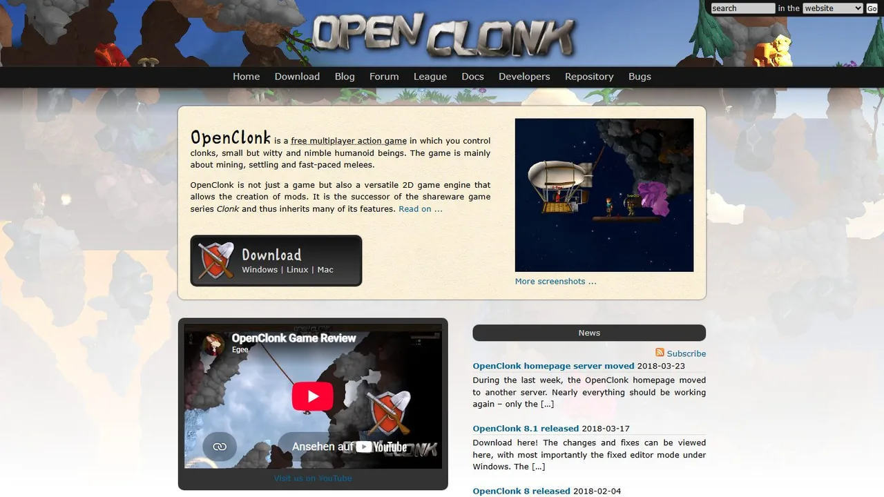 Echter Screenshot der öffentlich erreichbaren Startseite von OpenClonk, aufgenommen am 15.08.2026.