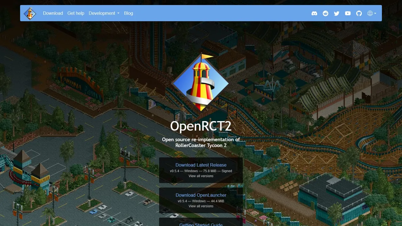 Echter Screenshot der öffentlich erreichbaren Startseite von OpenRCT2, aufgenommen am 15.08.2026.