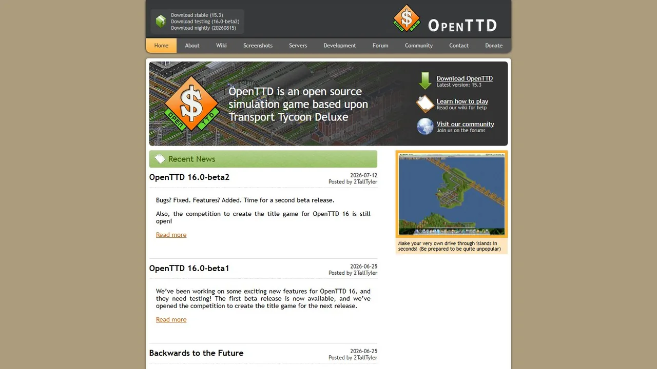 Echter Screenshot der öffentlich erreichbaren Startseite von OpenTTD, aufgenommen am 15.08.2026.