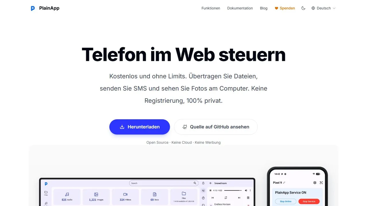 Echter Screenshot der öffentlich erreichbaren Startseite von PlainApp, aufgenommen am 16.08.2026.