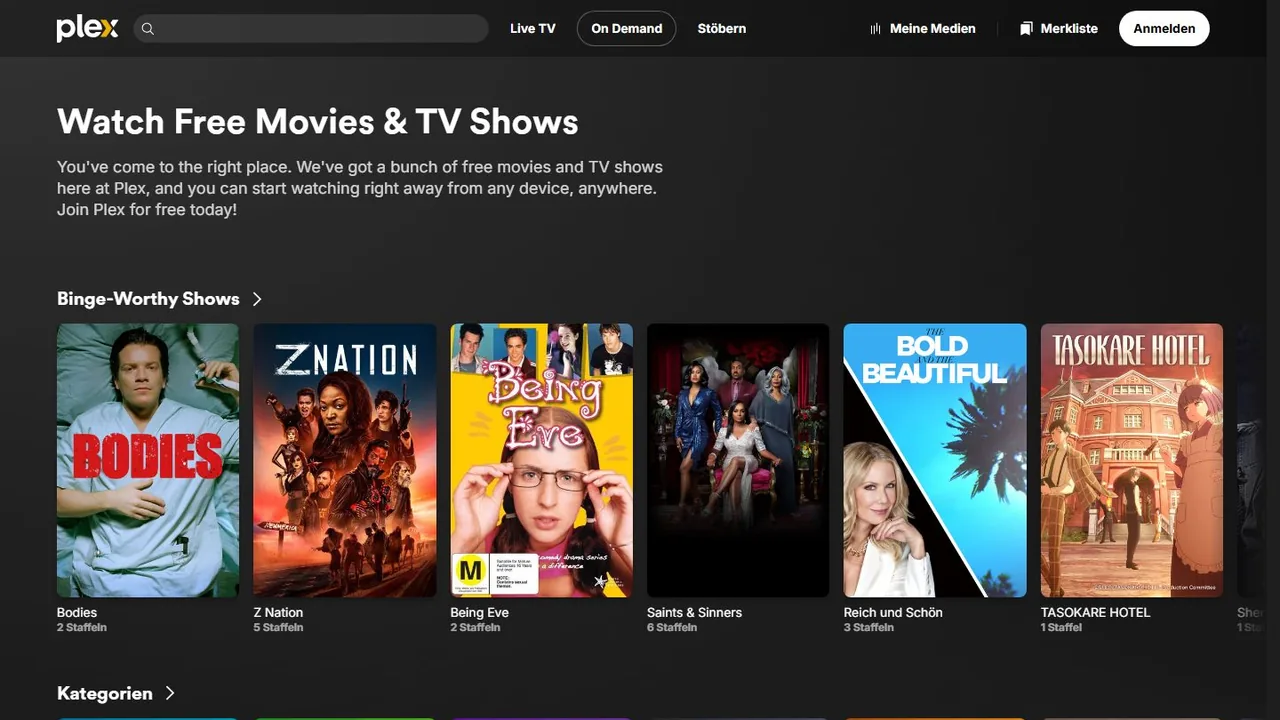 Echter Screenshot der öffentlich erreichbaren Startseite von Plex Free Movies, aufgenommen am 15.08.2026.