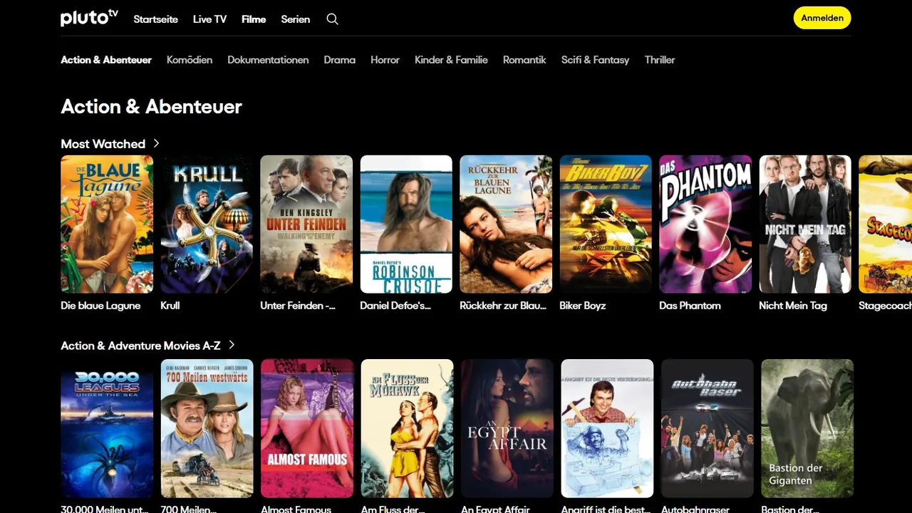 Echter Screenshot der öffentlich erreichbaren Startseite von Pluto TV, aufgenommen am 15.08.2026.