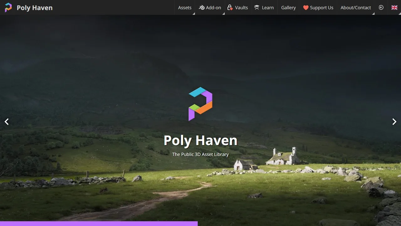 Echter Screenshot der öffentlich erreichbaren Startseite von Poly Haven, aufgenommen am 15.08.2026.