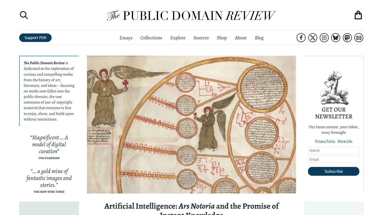Echter Screenshot der öffentlich erreichbaren Startseite von The Public Domain Review, aufgenommen am 15.08.2026.