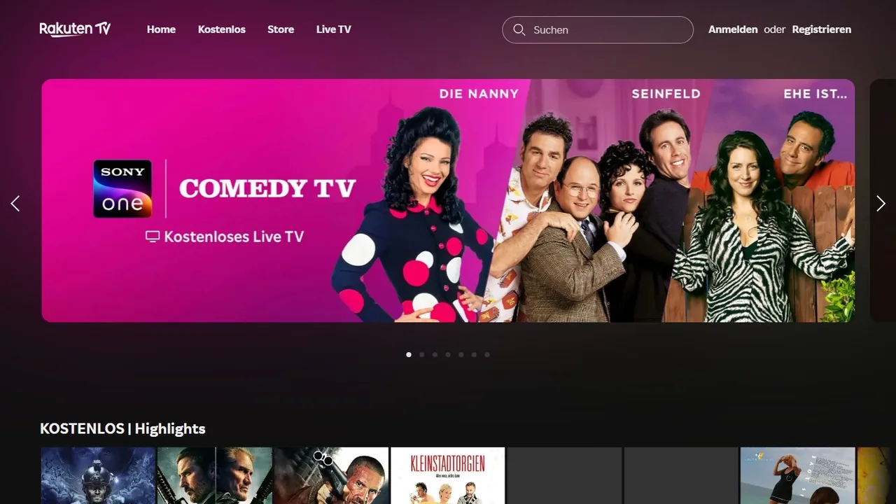 Echter Screenshot der öffentlich erreichbaren Startseite von Rakuten TV Free, aufgenommen am 15.08.2026.