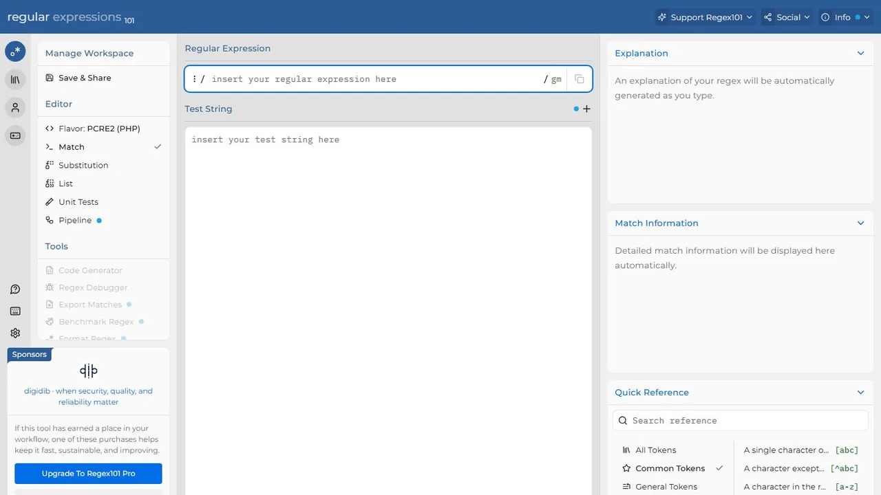 Echter Screenshot der öffentlich erreichbaren Startseite von regex101, aufgenommen am 15.08.2026.
