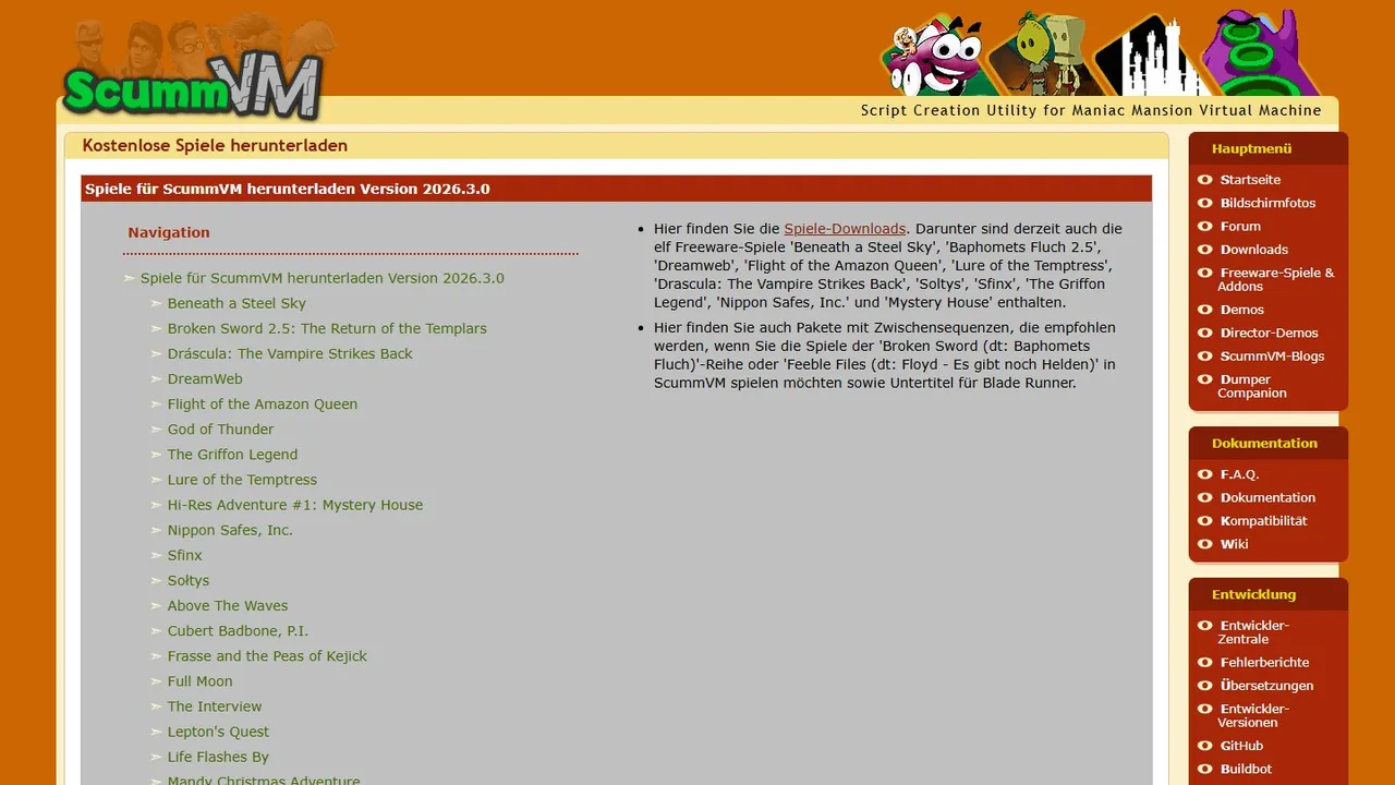 Echter Screenshot der öffentlich erreichbaren Startseite von ScummVM Freeware Games, aufgenommen am 15.08.2026.