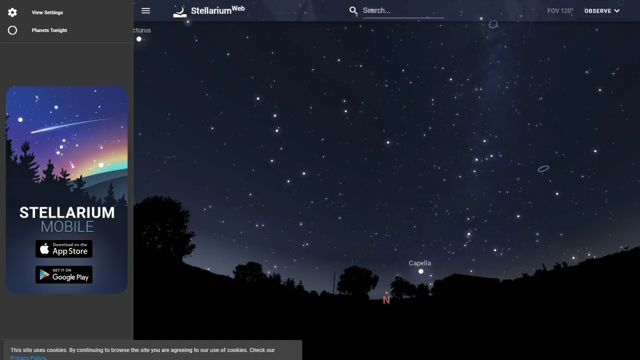 Echter Screenshot der öffentlich erreichbaren Startseite von Stellarium Web, aufgenommen am 15.08.2026.