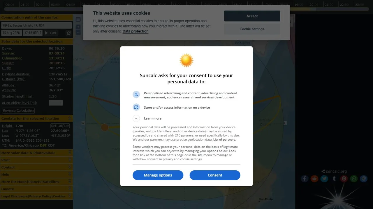 Echter Screenshot der öffentlich erreichbaren Startseite von SunCalc, aufgenommen am 15.08.2026.