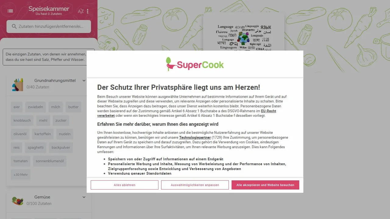 Echter Screenshot der öffentlich erreichbaren Startseite von Supercook, aufgenommen am 15.08.2026.