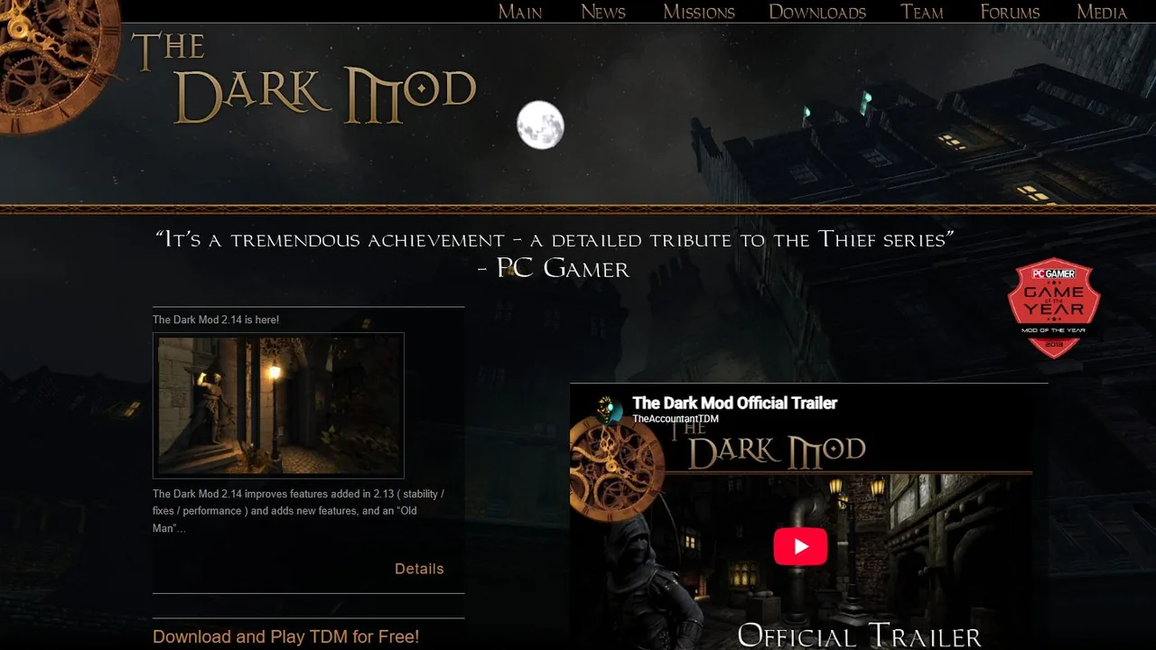Echter Screenshot der öffentlich erreichbaren Startseite von The Dark Mod, aufgenommen am 15.08.2026.