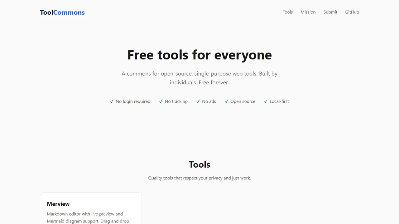 Echter Screenshot der öffentlich erreichbaren Startseite von Tool Commons, aufgenommen am 15.08.2026.