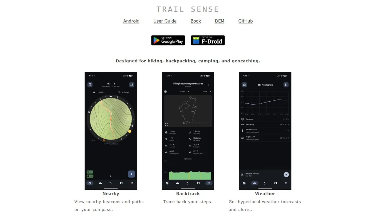 Echter Screenshot der öffentlich erreichbaren Startseite von Trail Sense, aufgenommen am 16.08.2026.