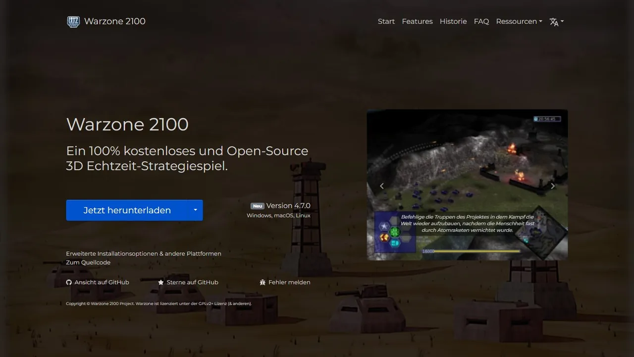 Echter Screenshot der öffentlich erreichbaren Startseite von Warzone 2100, aufgenommen am 15.08.2026.