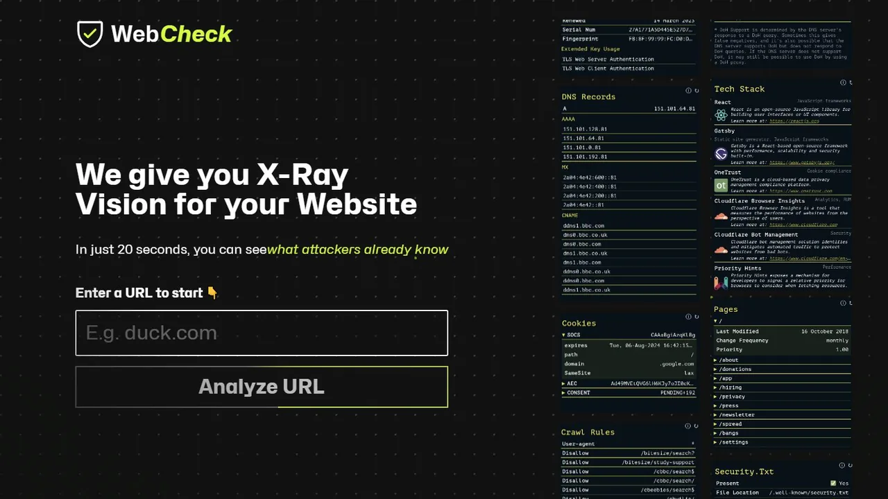 Echter Screenshot der öffentlich erreichbaren Startseite von Web Check, aufgenommen am 15.08.2026.